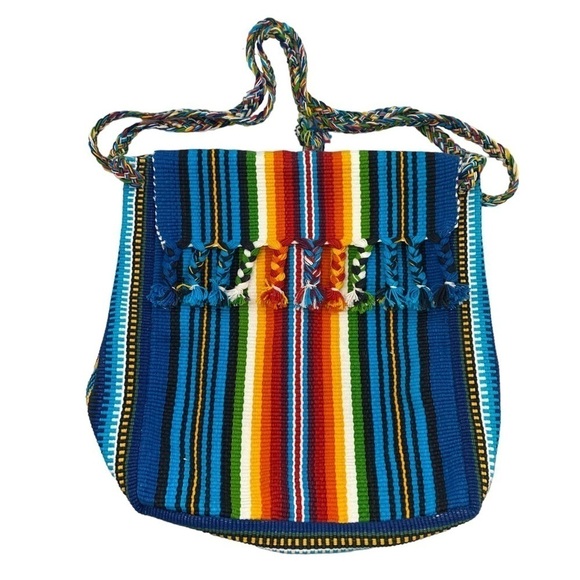 Vintage 90s Multicolor Woven Cotton Handbag Shoulder Bag Fringe Boho Hippie - Picture 1 of 8